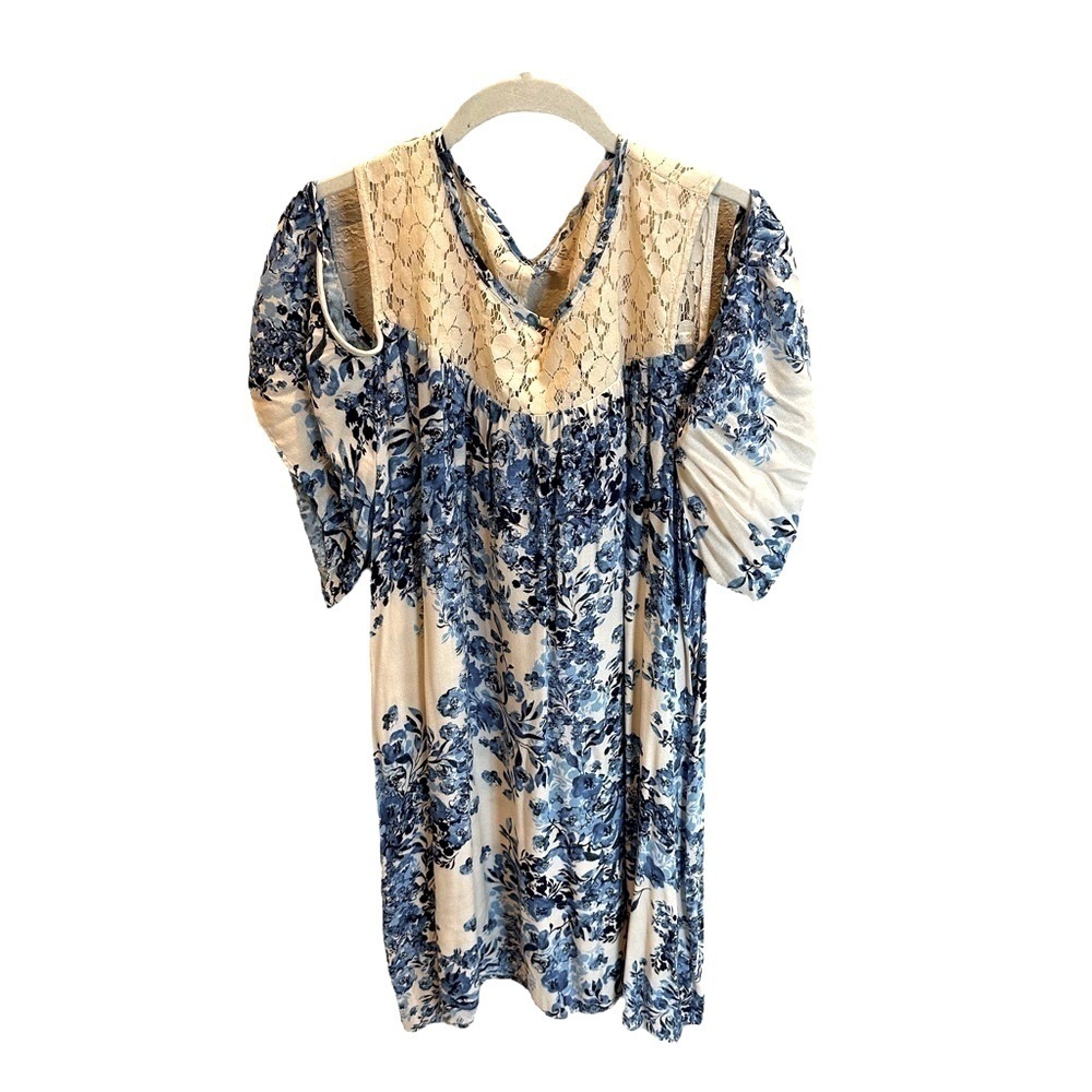 Uncle Frank Off the Shoulder Floral Dress Lace Detail Blue Cream Size XL
